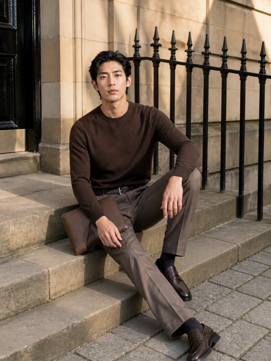 Tonal browns keep this outfit calm and coherent, with the taupe straight-leg trousers grounding a rich chocolate crewneck in a quietly refined palette. The result is relaxed but office-appropriate, ideal for days when you want polish without stiffness. Dark-brown leather accessories and a taupe clutch complete a unified, grown-up city uniform.