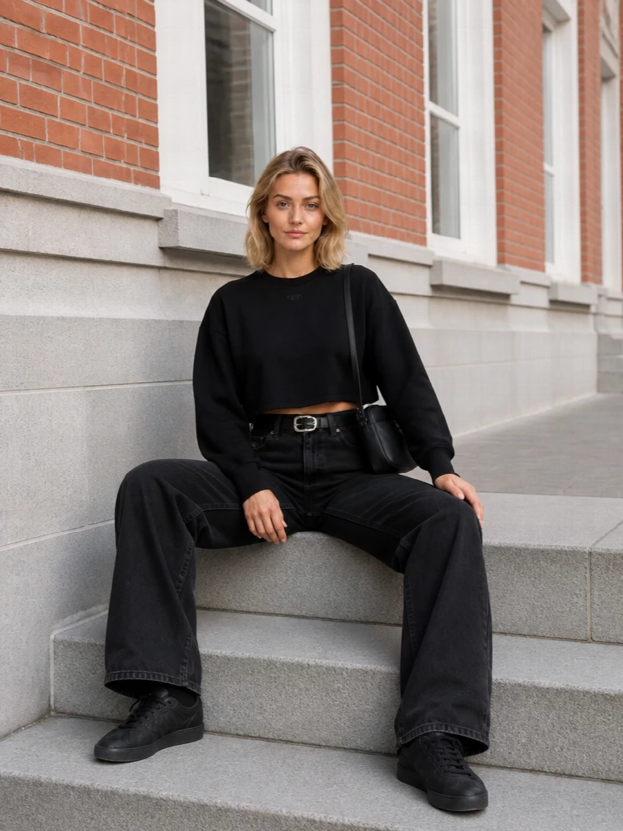 A cropped black Diesel sweatshirt meets high-waisted wide-leg washed-black denim for a clean, slouchy street set that still feels considered. All-black sneakers keep the energy low-key and agile, while a compact charcoal crossbody and slim logo belt add just enough structure and hardware to make the monochrome layers feel intentional rather than basic.