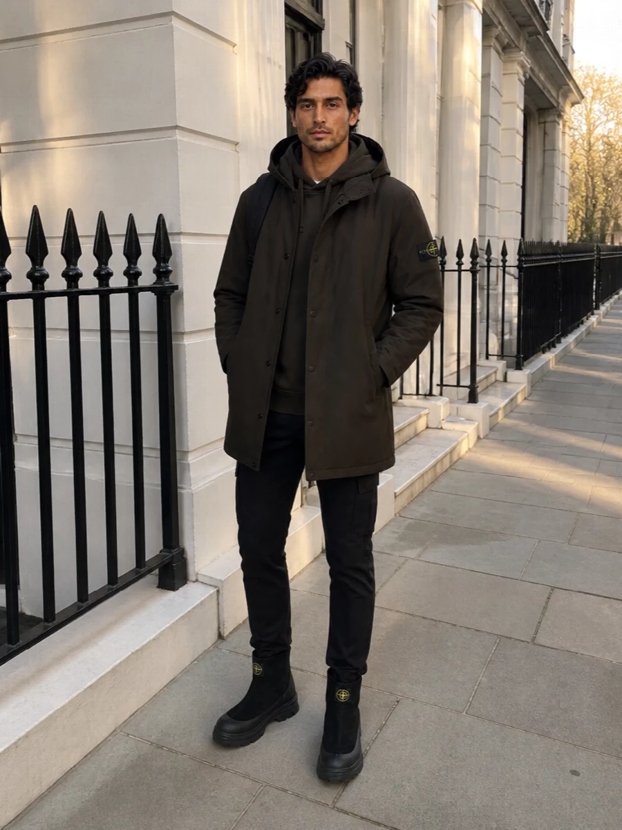Stone island parka black cargo pants outfit