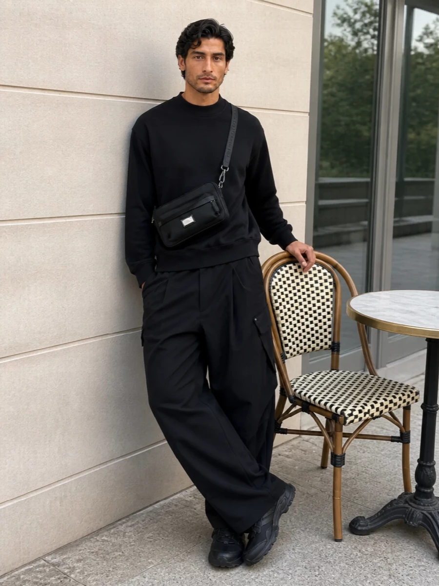 A black Y-3 crew and Adidas Originals wide-leg cargos build a clean, utility-driven base around the Emporio Armani crossbody. The all-black palette feels intentional, letting subtle textures and hardware do the work. Trail-inspired sneakers finish it with grip and comfort suited to long, on-foot city days.