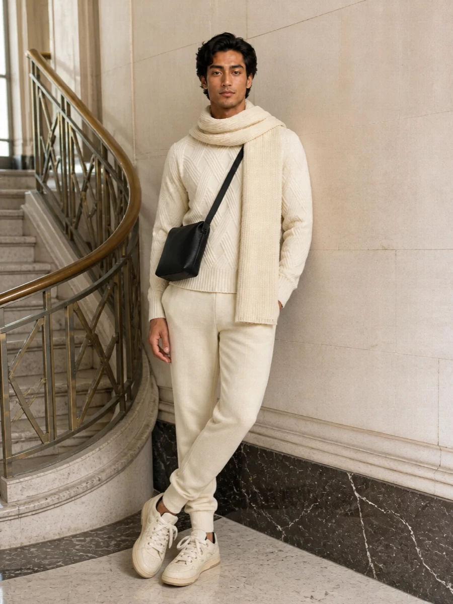 Lanvin cream joggers ivory sweater outfit