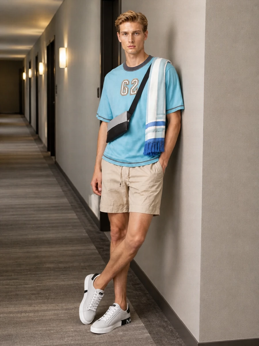 Dolce gabbana sky blue tee sand shorts outfit