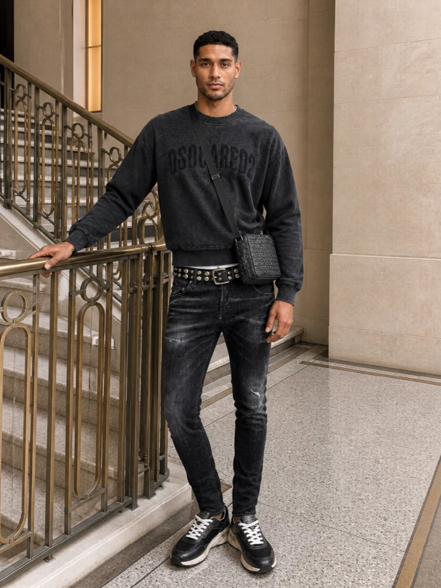 Dsquared2 black skinny jeans charcoal sweatshirt outfit