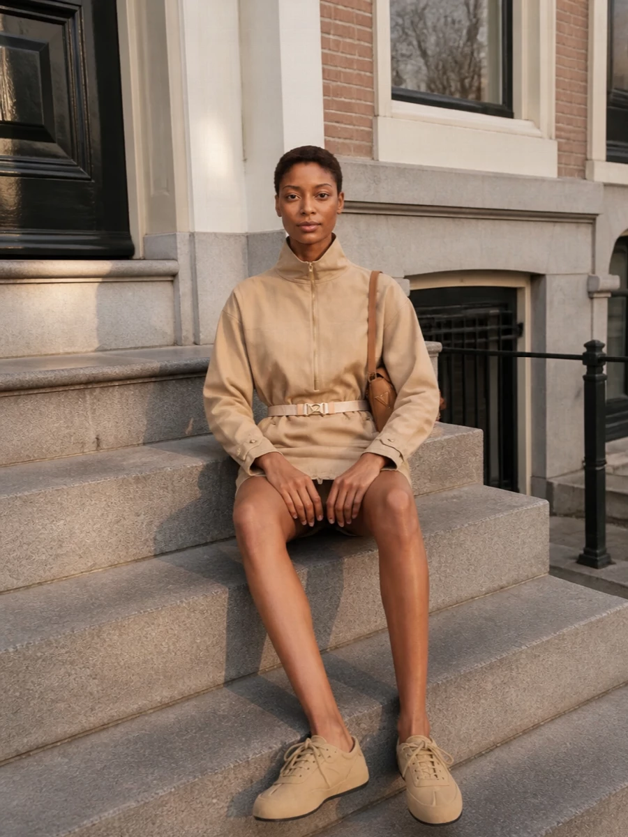 Prada camel utility mini dress beige sneakers