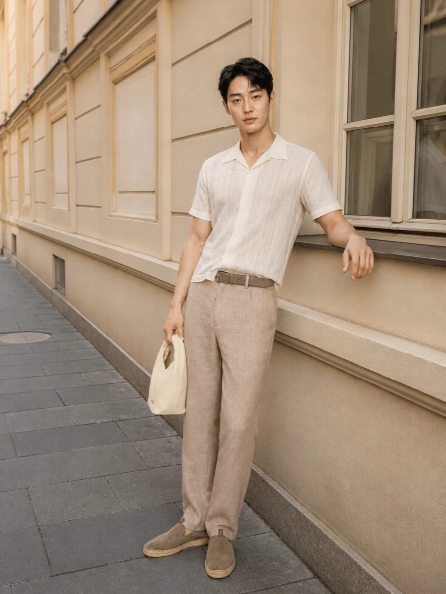 Sefr sheer shirt beige tailored trousers outfit