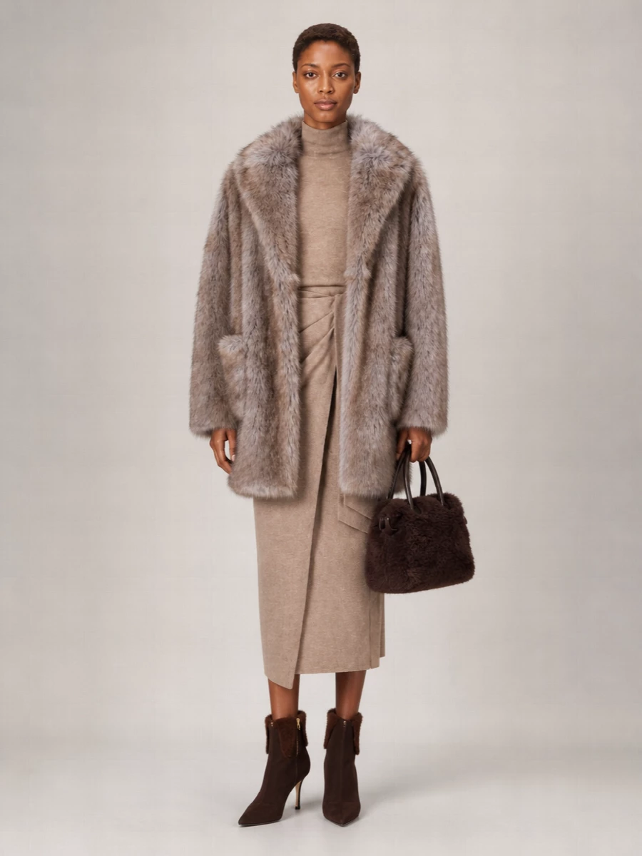I chose the dress path so the outfit reads as one long, clean column under the plush faux-fur coat rather than breaking the line with a separate top and mini skirt. The taupe Max Mara wrap dress, chocolate stiletto boots and espresso mini satchel create a coherent neutral story that feels city-ready, polished and quietly sensual under the cocooning outer layer. It is a refined cold-weather ensemble that moves easily from workday meetings to a late dinner without changing a piece.