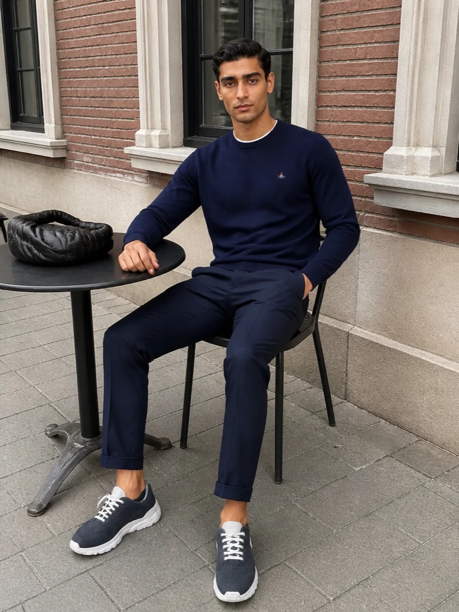 A navy-on-navy pairing keeps the knit and tailored trousers incredibly calm, with subtle pleats adding just enough structure. Lightweight knit sneakers keep the mood relaxed without losing polish, and the curved black shoulder bag quietly sharpens the finish. It is an easy, modern uniform for city days when you want refinement to sit in the background.
