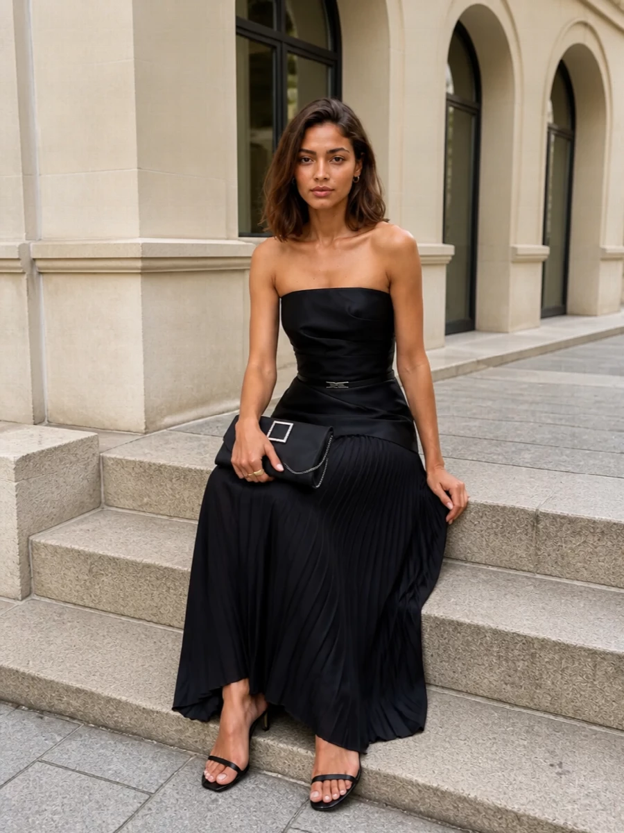 Solace london black strapless gown outfit ideas