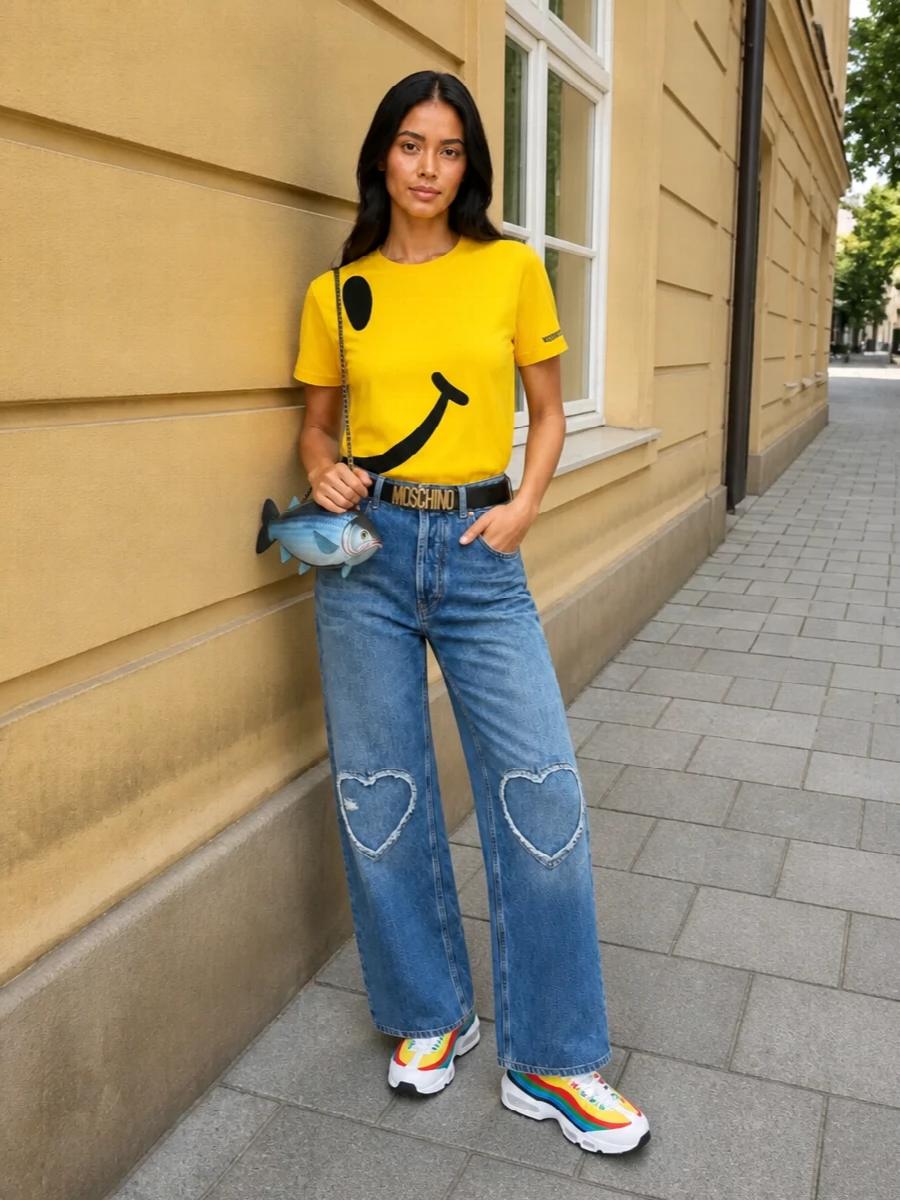 Moschino yellow tee wide leg heart jeans outfit