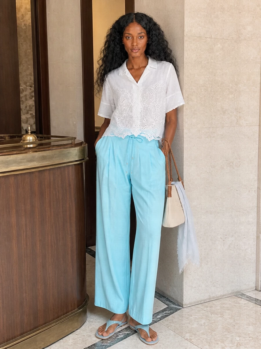 Ermanno firenze aqua trousers white embroidered blouse