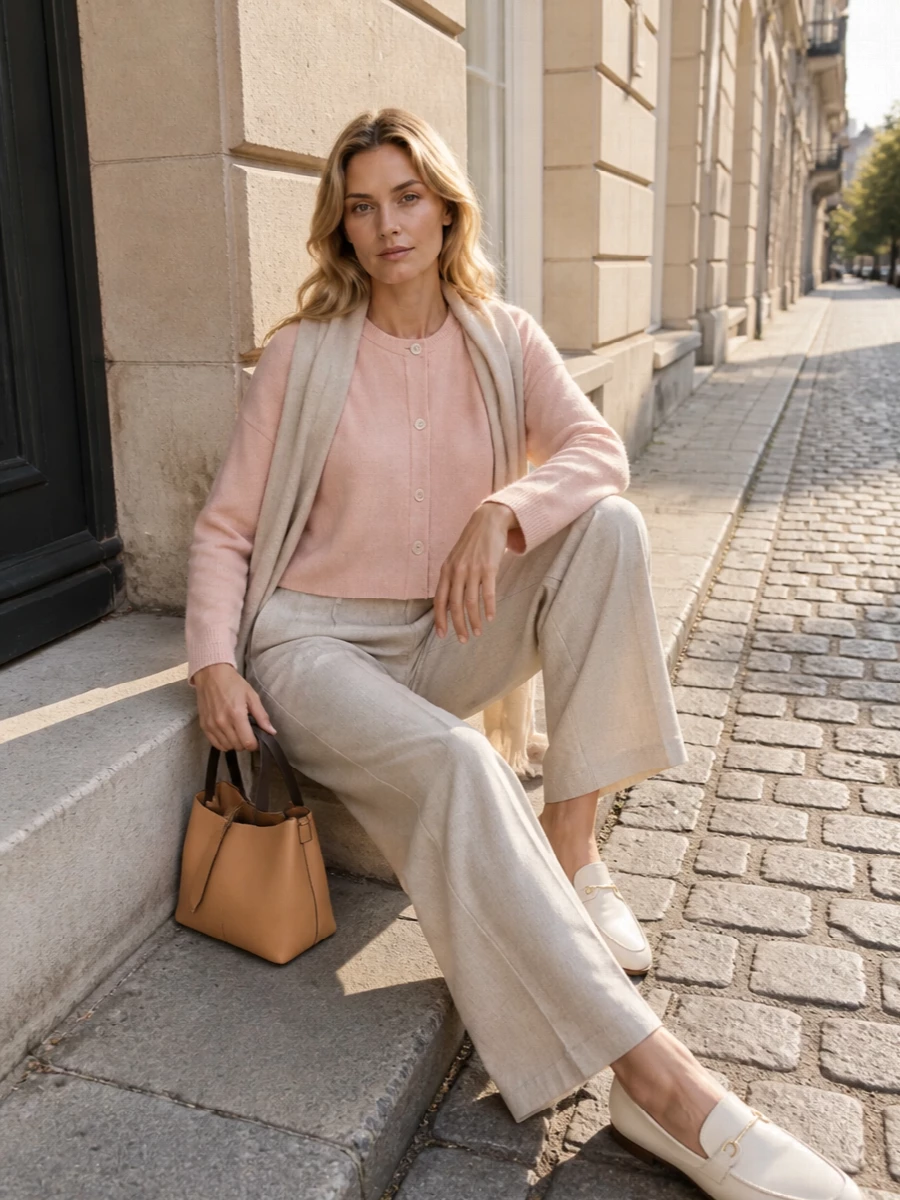 Toteme blush cardigan wide leg trousers outfit