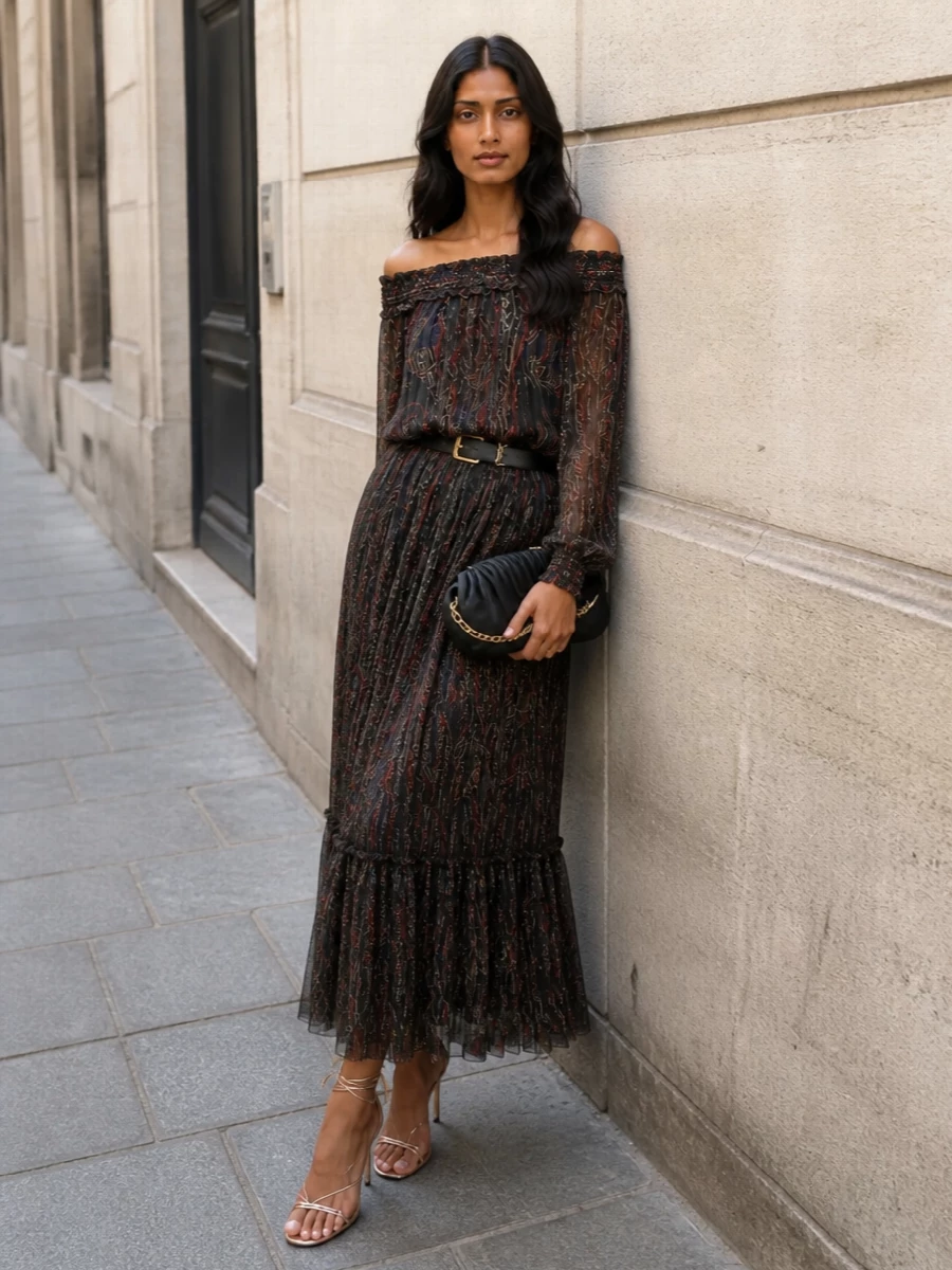Saint laurent sheer paisley blouse black maxi skirt