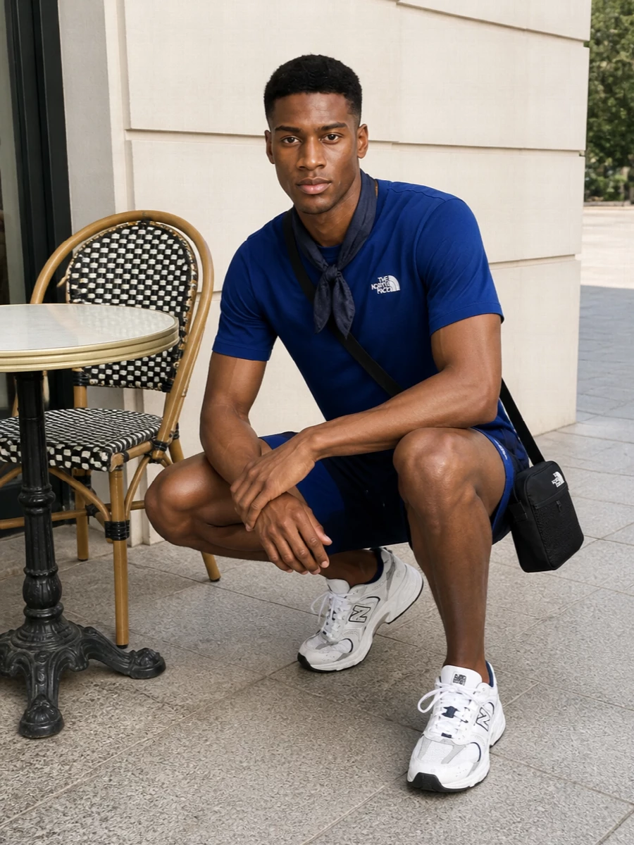 North face blue tee new balance runners outfit