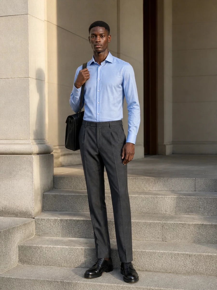 A crisp light-blue shirt meets charcoal tailored trousers for a precise, modern-business uniform that feels sharp without stiffness. Black derbies and a structured black briefcase keep the palette tight and the mood quietly confident from client meetings through to dinner reservations.