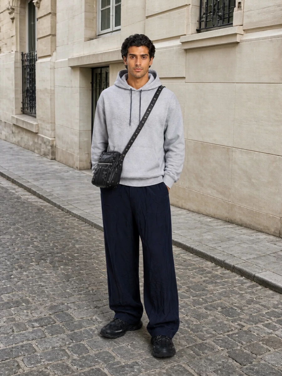 Balenciaga grey hoodie navy wide leg pants outfit