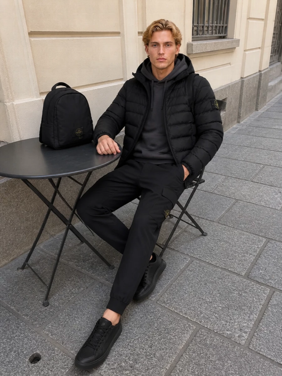Stone island black puffer cargo joggers outfit