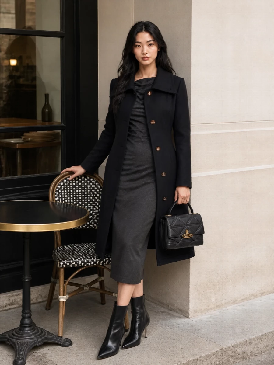 I’m building this as a modern evening ensemble, pairing the sculpted charcoal Westwood midi with the inky tailored coat so the asymmetric lines and puffed shoulders speak the same language. The pointed Off-White ankle boots keep the proportions elongated and razor sharp, while the quilted Orb top-handle echoes the coat’s gold hardware for a quietly opulent finish. Choosing dress over separates keeps the story clean and powerful, letting the coat operate almost like a tailored cape over a precise column of suiting cloth.
