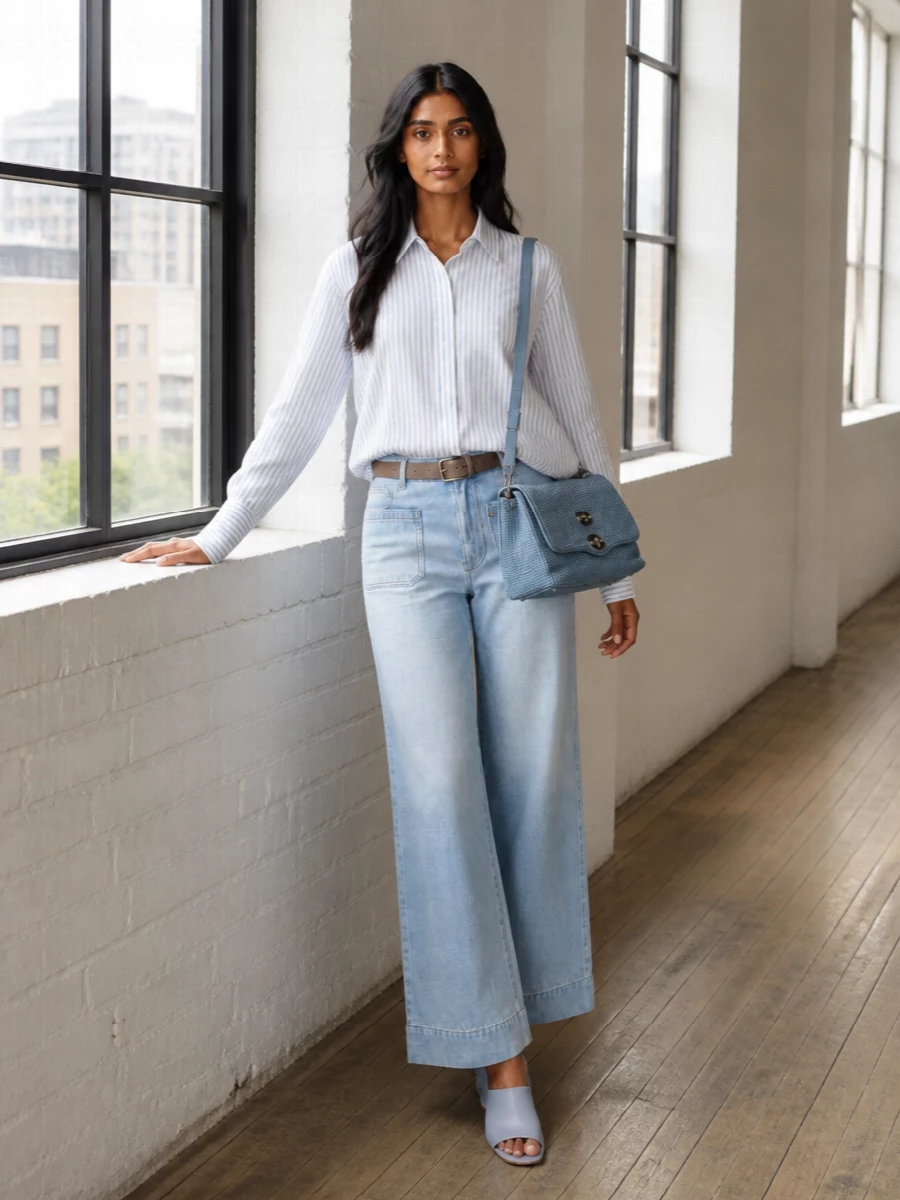 Victoria beckham striped shirt wide leg jeans outfit