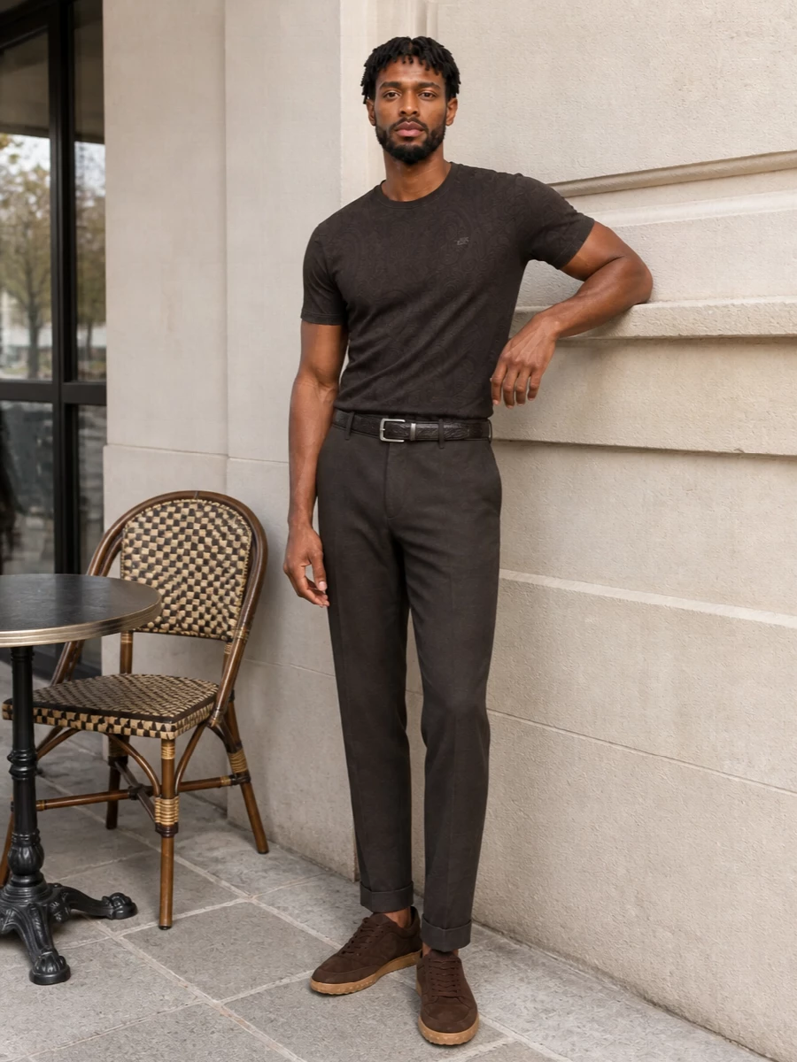 Etro paisley tshirt brown trousers outfit
