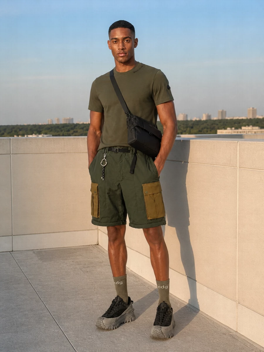 Moncler cargo shorts olive tee trail sneakers