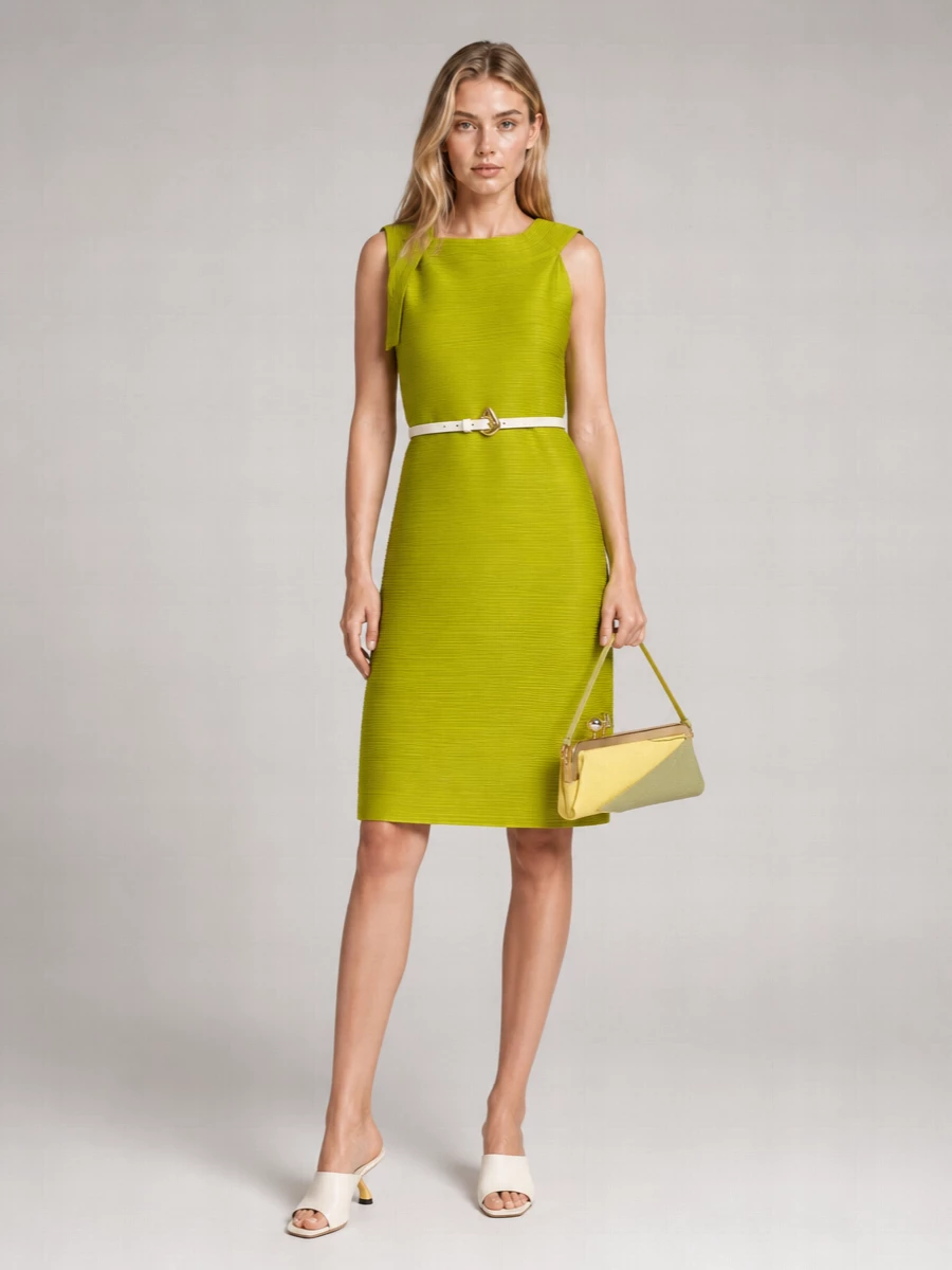 Pleats Please Issey Miyake Ribbed Asymmetric Draped Sleeveless Knee-Length Dress