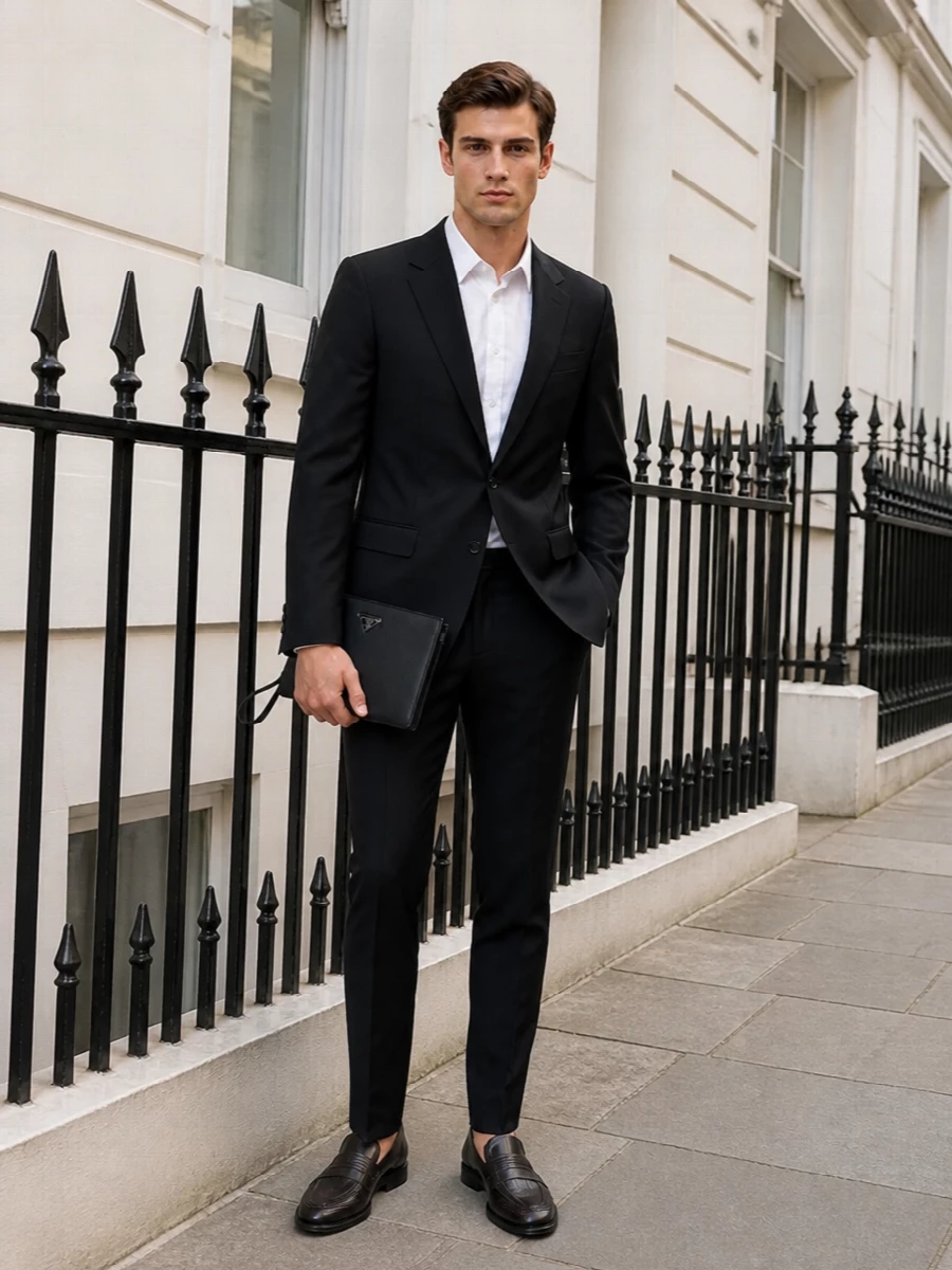 Dolce gabbana black suit prada clutch outfit