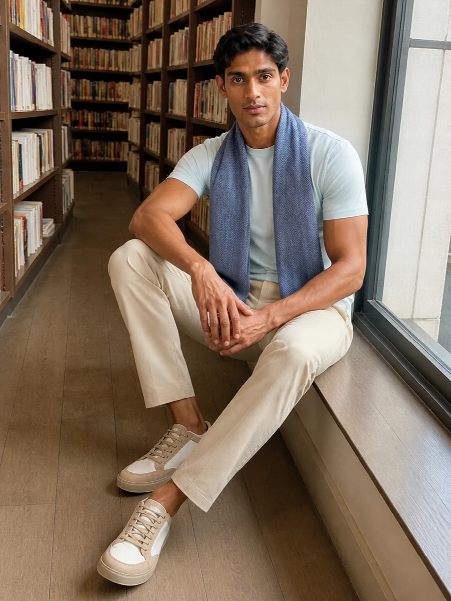 A pale Paul & Shark tee sits against light beige straight-leg trousers for a clean, softly tailored take on off duty dressing. Off white and sand sneakers keep the line streamlined, while a deep navy tote and tonal blue scarf add just enough contrast for modern coastal city days.