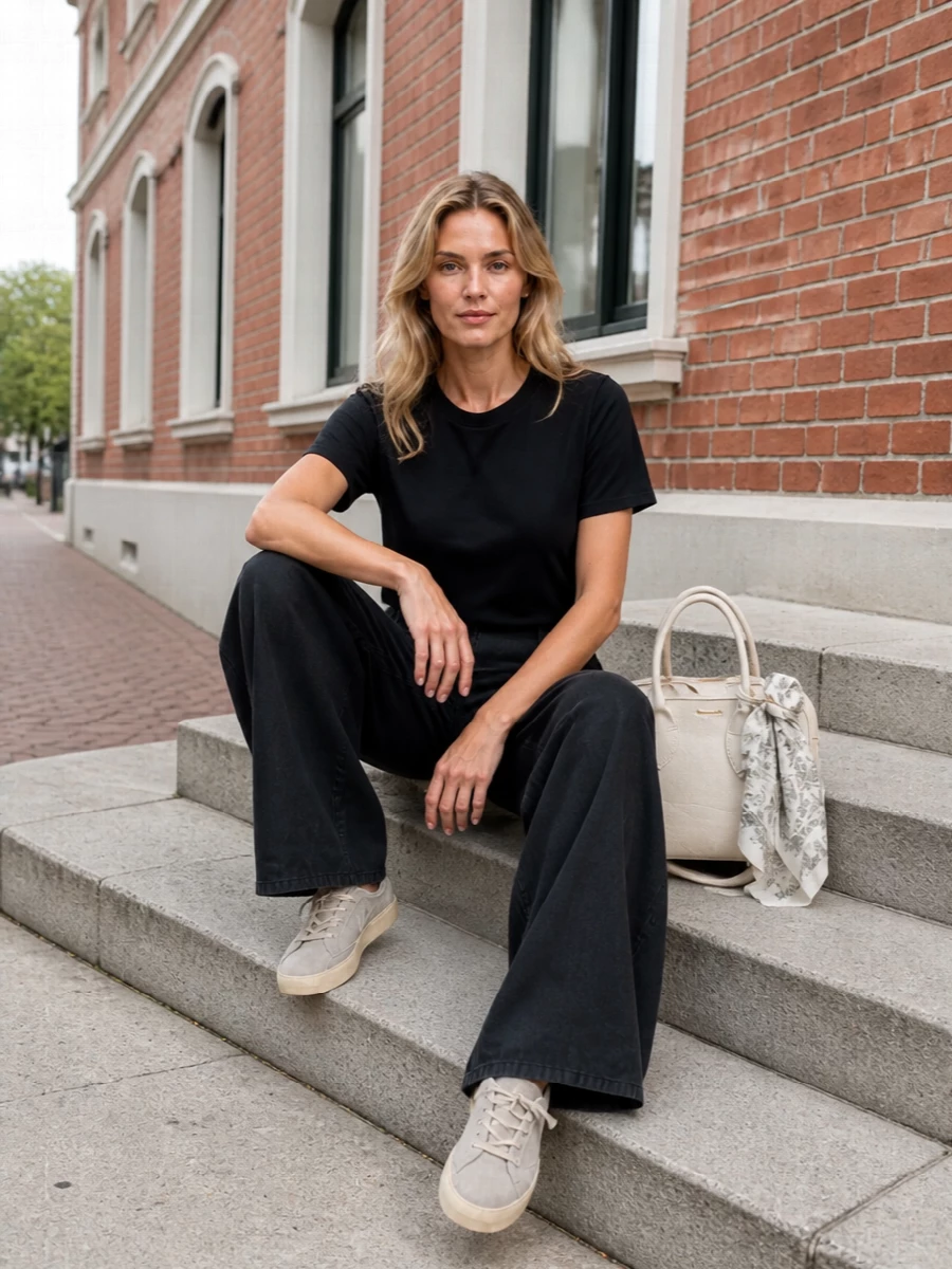 An inky black tee and fluid wide-leg trouser create a long, clean line that feels quietly confident and easy for city days. Soft grey suede sneakers keep the mood relaxed, while the structured ivory tote and delicate printed scarf introduce just enough lightness and texture to keep the palette modern and refined.
