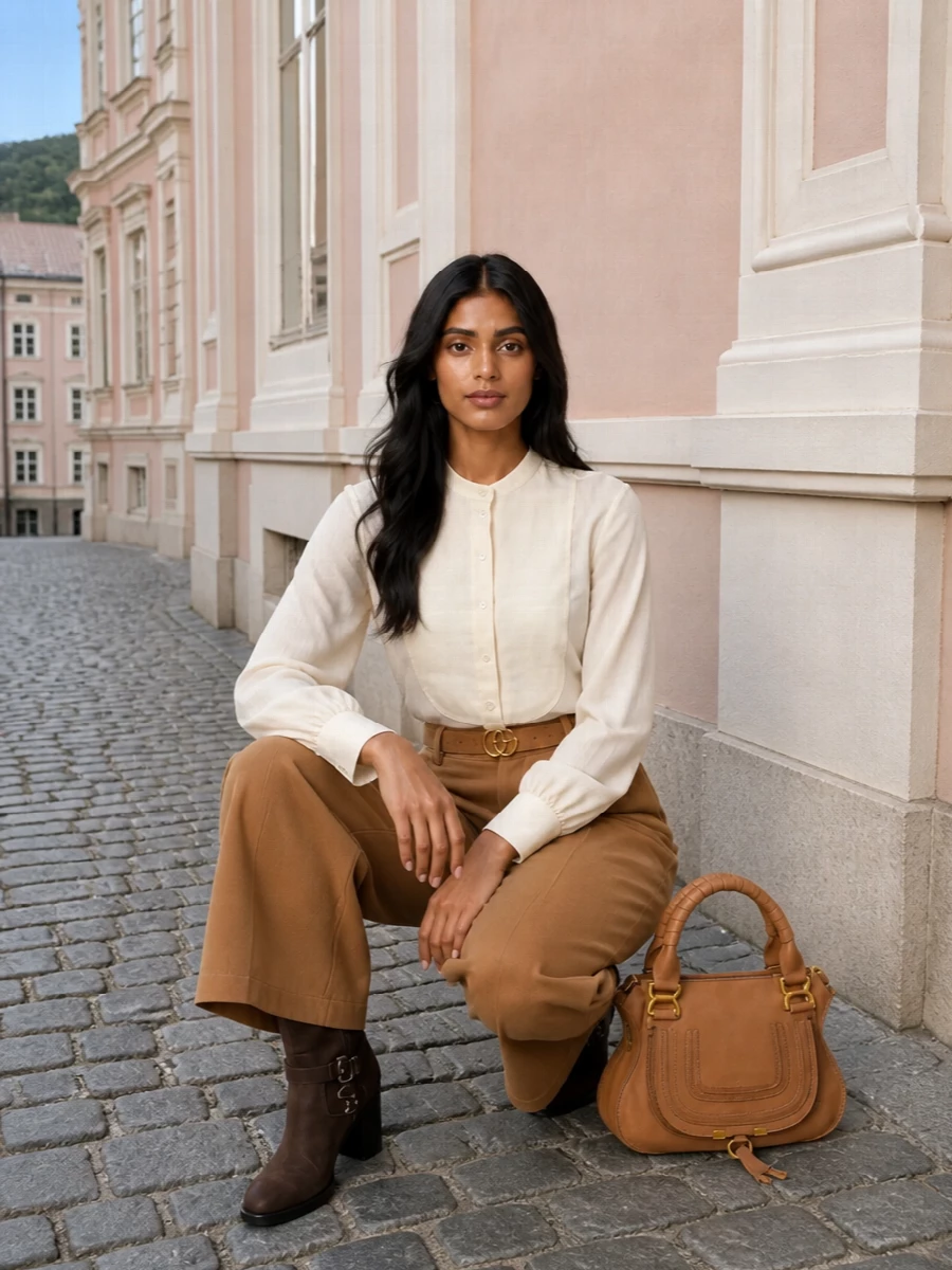 Chloe camel wide leg trousers ivory bib blouse