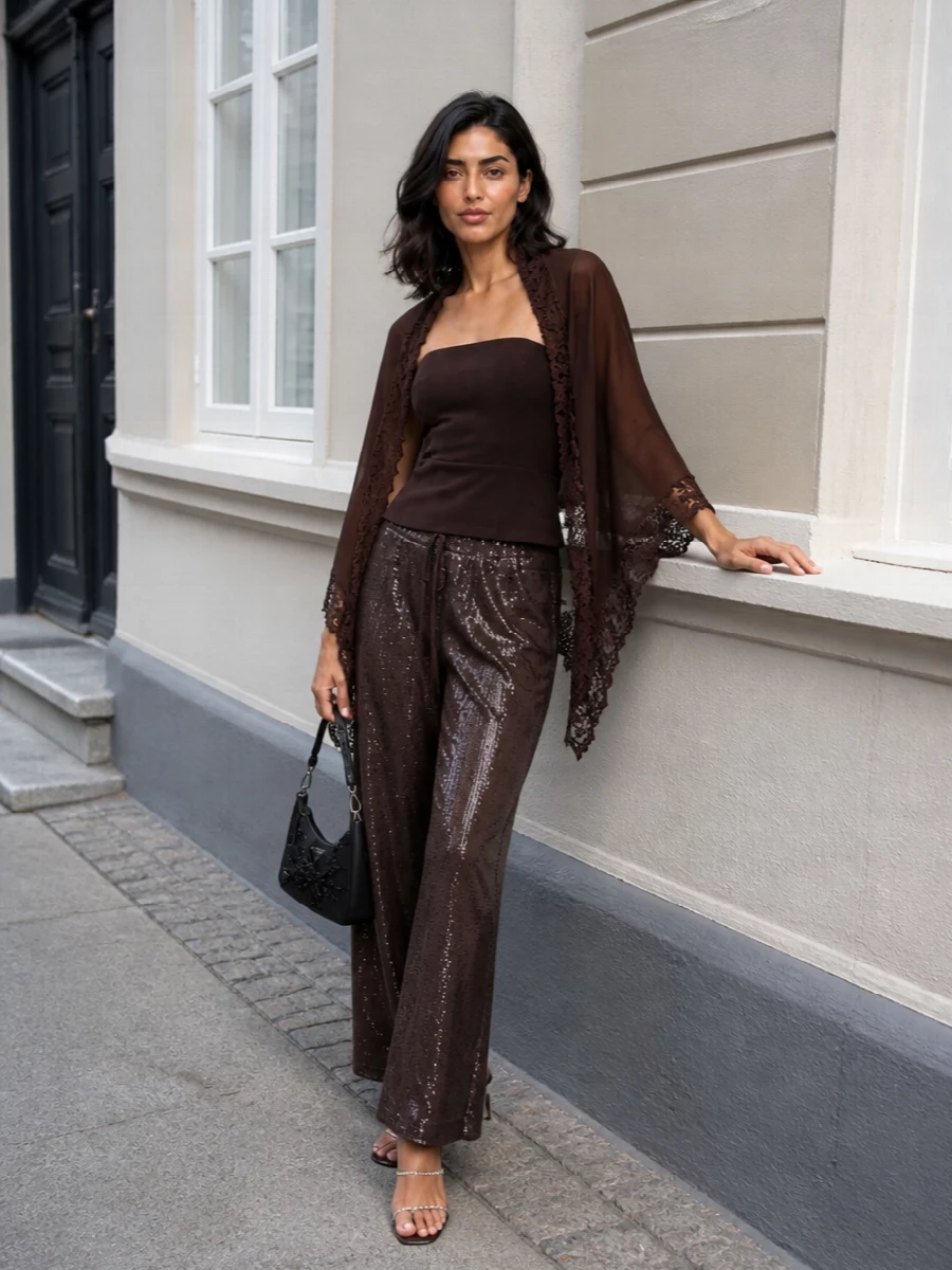 Parosh sequin pants strapless top prada bag