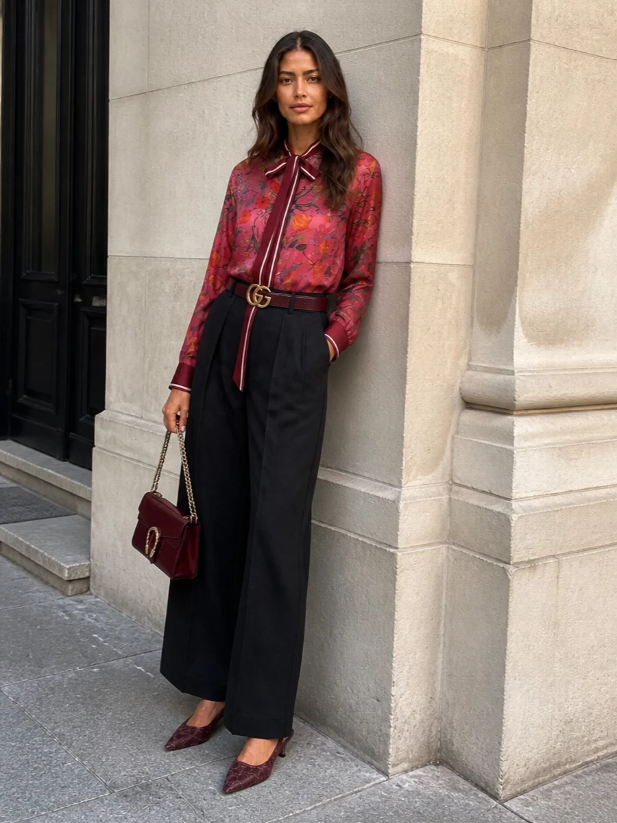 Gucci floral blouse wide leg trousers outfit