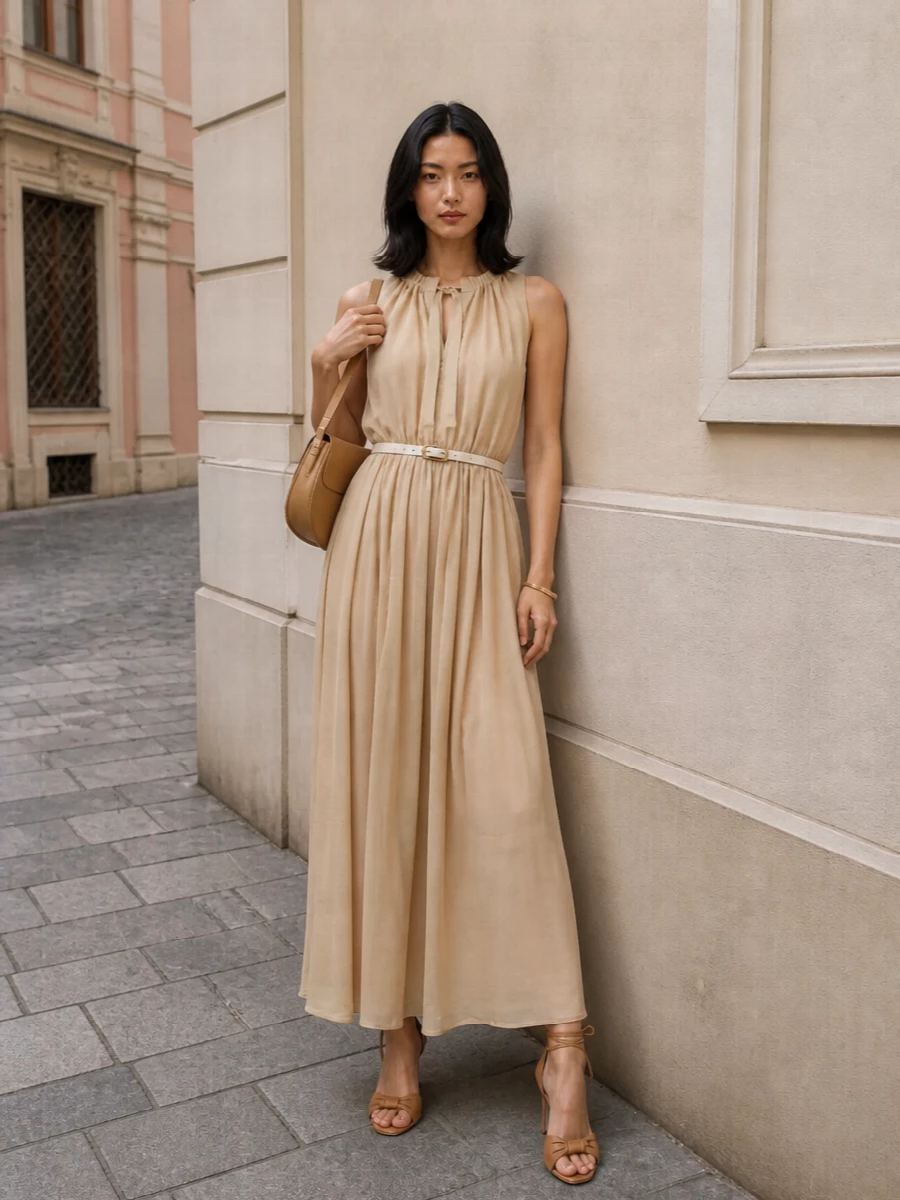 Patou beige maxi dress aquazzura heels