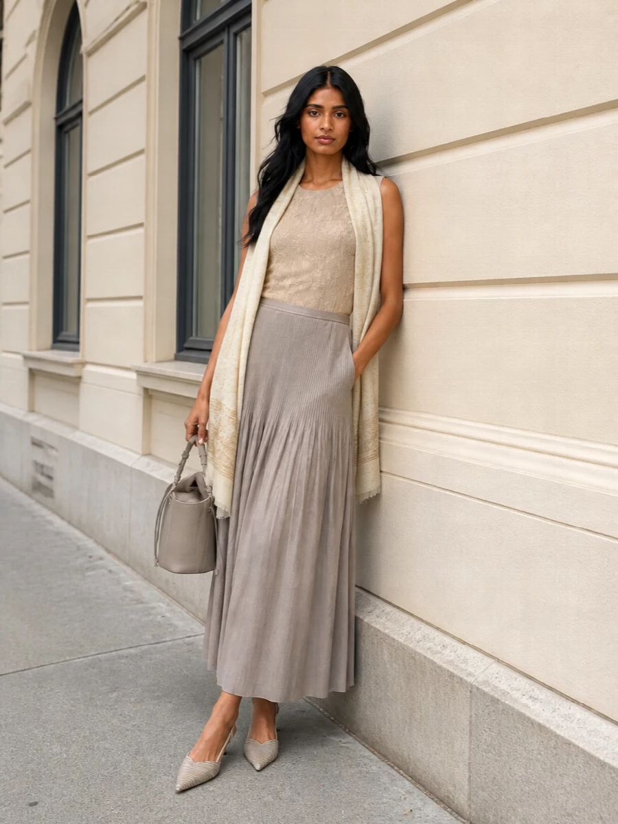 A tonal column of pleated taupe and sand beige creates a calm, elongating line that feels polished yet unforced for warm-weather dinners or gallery evenings. Nude slingbacks and a structured taupe bag keep the focus on texture and proportion, while the neutral stole adds just enough softness to finish the ensemble with quiet confidence.