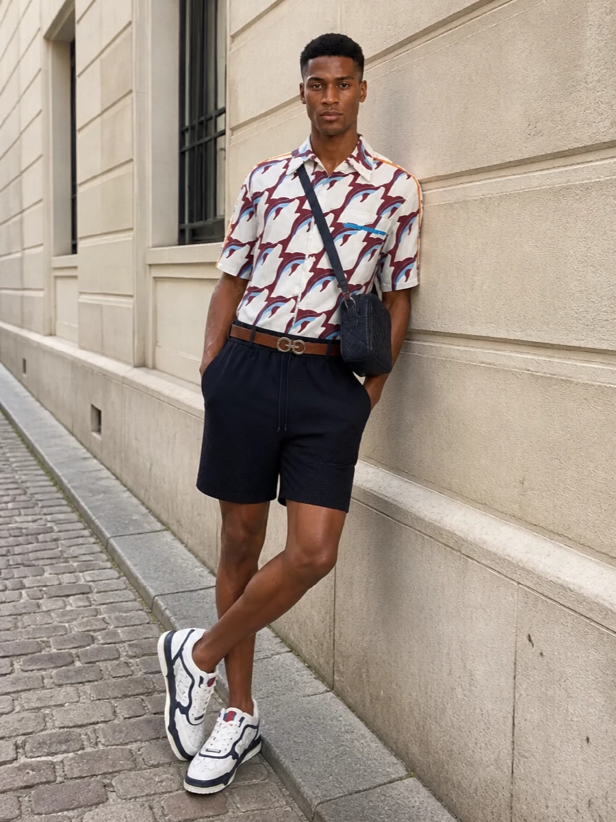 This look lets the geometric Gucci vacation shirt take centre stage, anchored by clean ink-navy embroidered shorts that keep the silhouette relaxed but refined. Off‑white and navy court sneakers and an inky Bottega crossbody echo the shirt’s cool tones, while a slim, logoed belt adds just enough structure at the waist without interrupting the graphic flow. The result is polished, SS‑ready street-prep: statement up top, considered and quietly luxurious everywhere else.