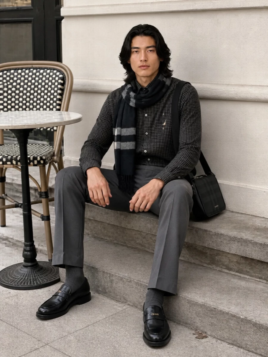Moschino check shirt grey trousers loafers
