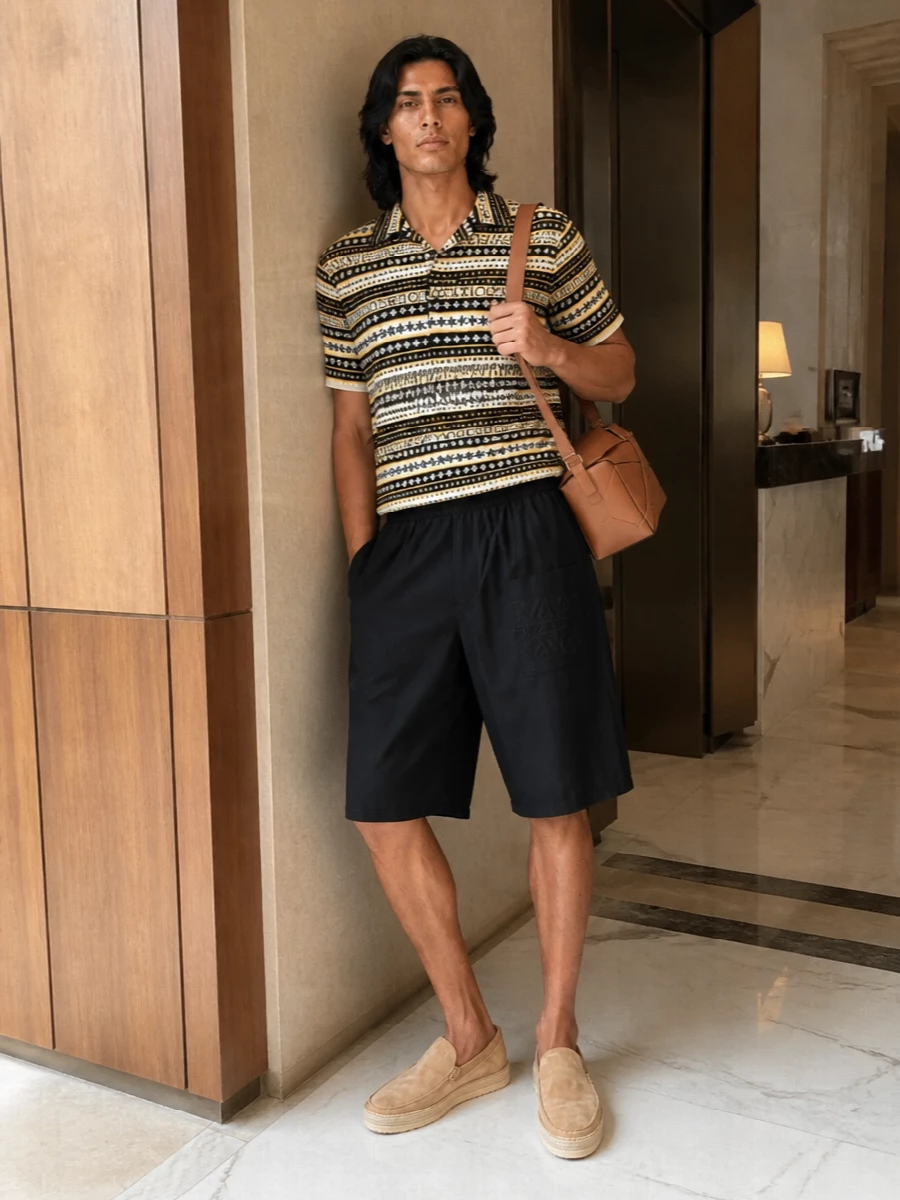 A graphic Loewe polo sits over fluid black wide-leg shorts, letting the print carry the personality while the base stays quiet and relaxed. Sand suede espadrille loafers and a tan geometric Loewe bag bring in warm, Riviera-minded neutrals that pick up the yellow and cream in the knit without competing with it. The result feels like city-ready Paula’s Ibiza energy, perfect for wandering from gallery afternoons to sundowners by the water.