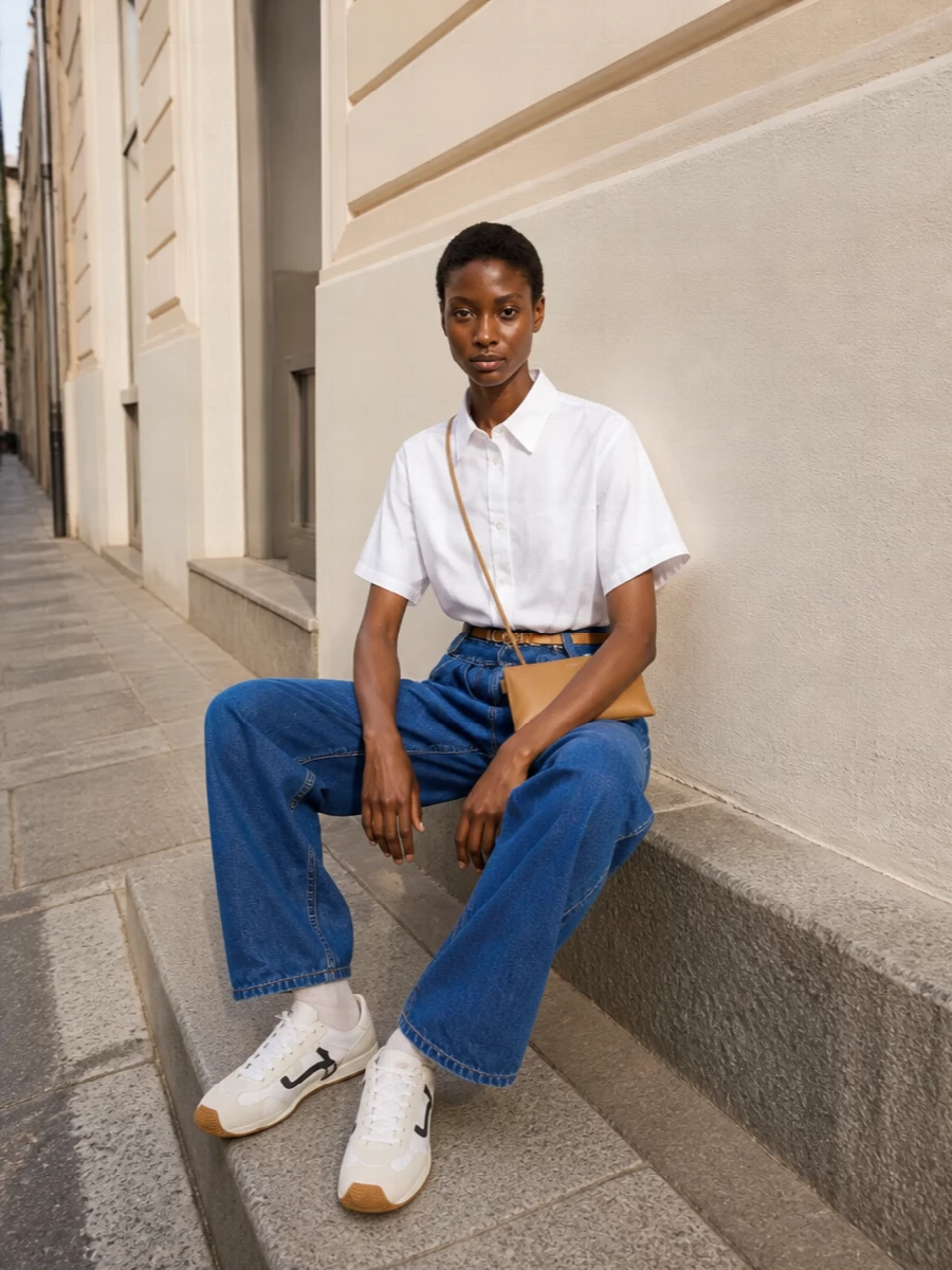 Loewe wide leg jeans white shirt sneakers