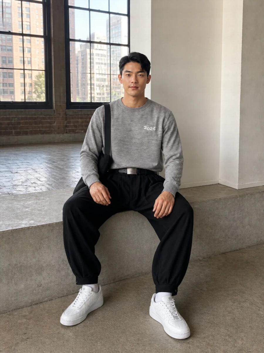 Comme des garcons grey sweatshirt balloon pants outfit
