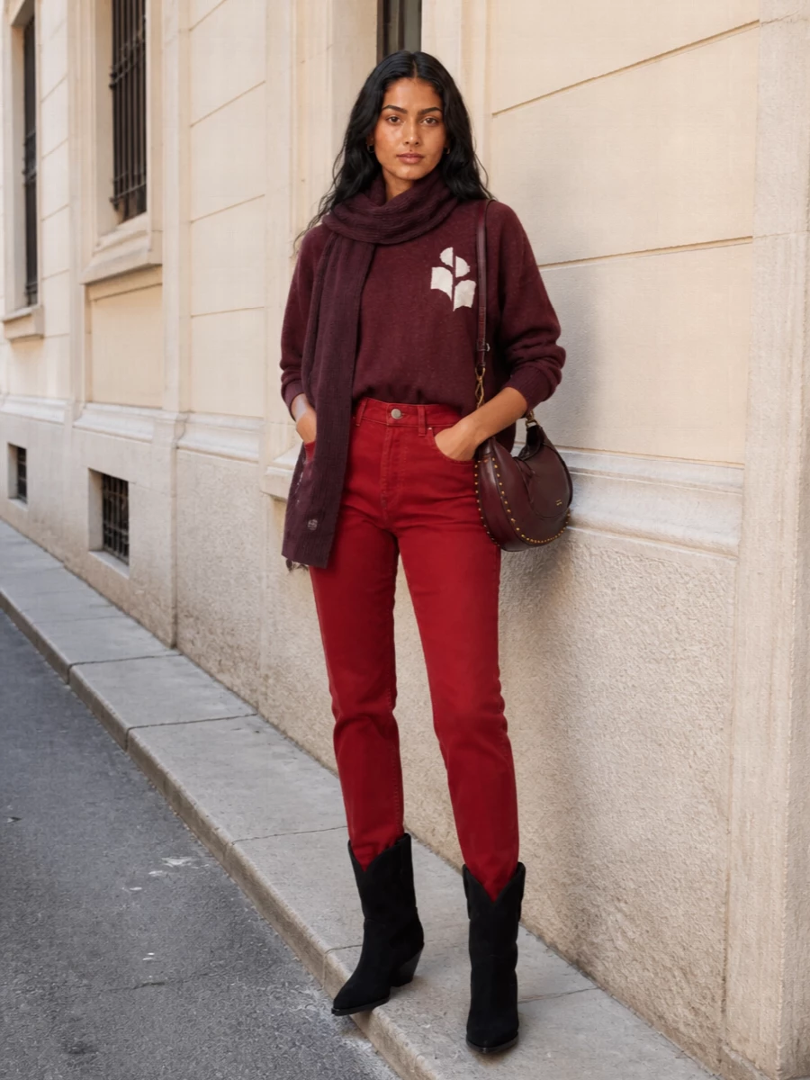 Isabel marant red jeans burgundy sweater boots