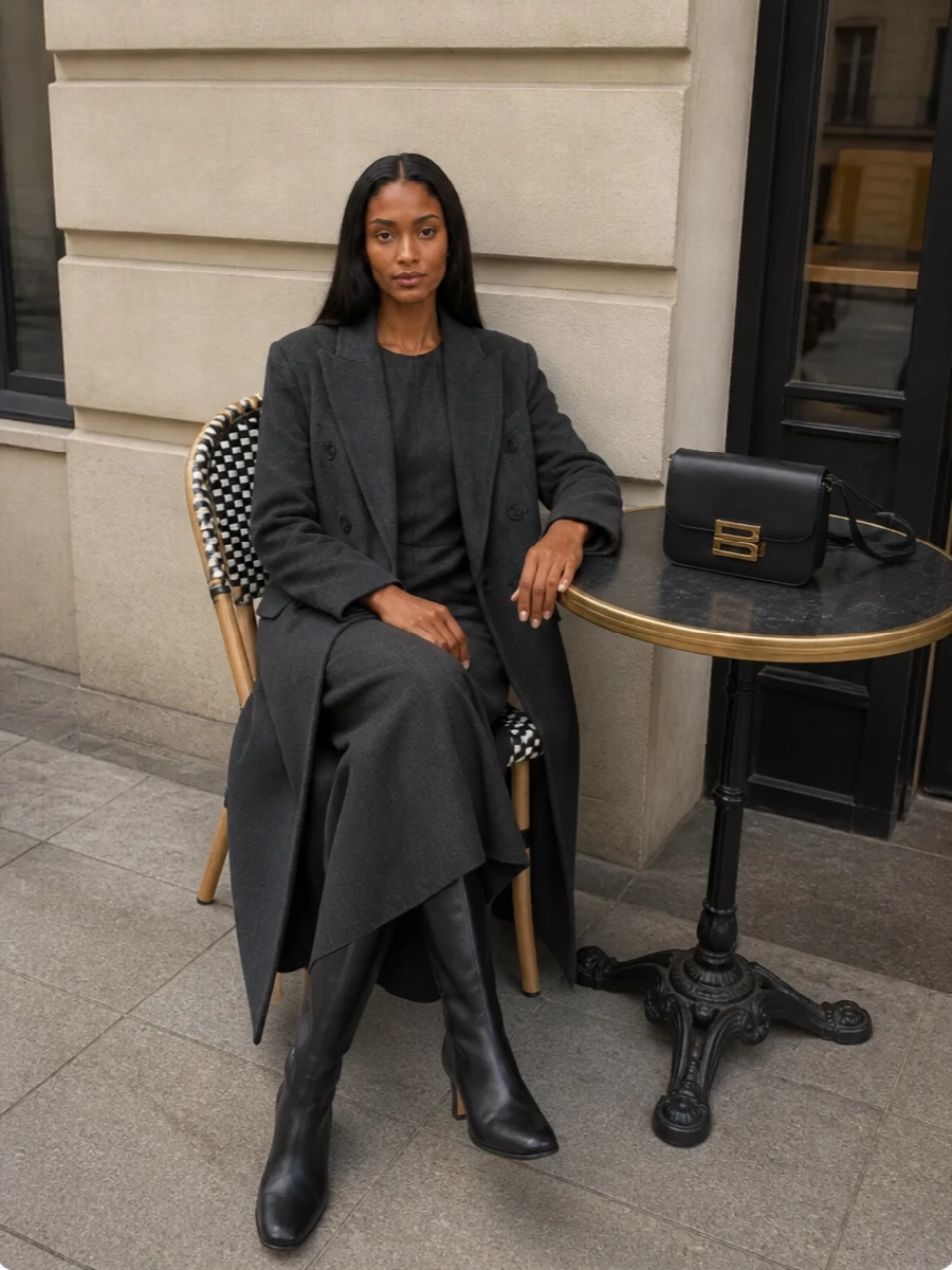 Victoria beckham charcoal coat midi dress outfit