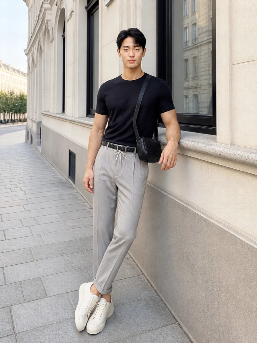 This look leans into modern quiet luxury: the featherweight black Brunello tee is paired with stone-grey drawstring trousers for a relaxed yet impeccably considered SS silhouette. Off-white sneakers and a slim black belt keep the palette soft and tonal, delivering an outfit that feels effortless on a terrace, in the city or traveling, without ever losing its refined edge.