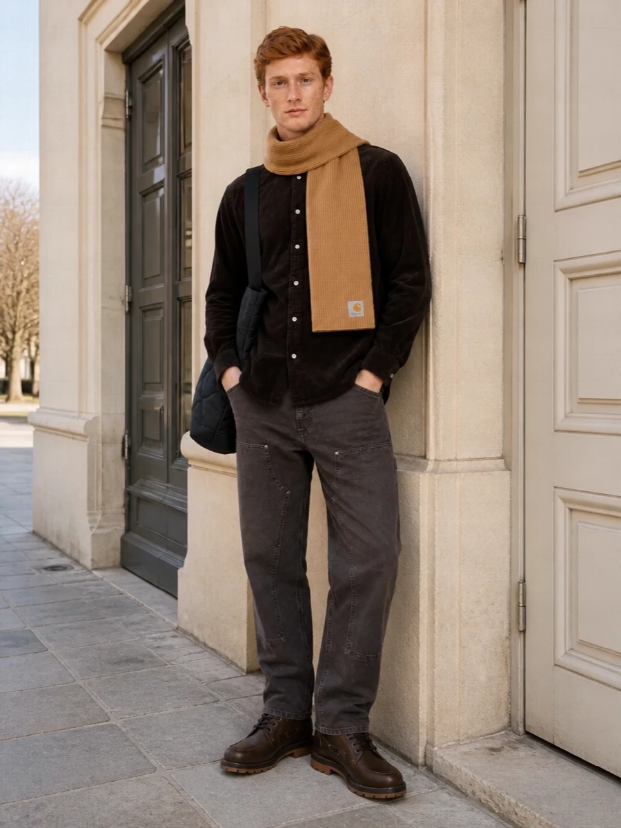 Carhartt corduroy shirt charcoal work pants outfit
