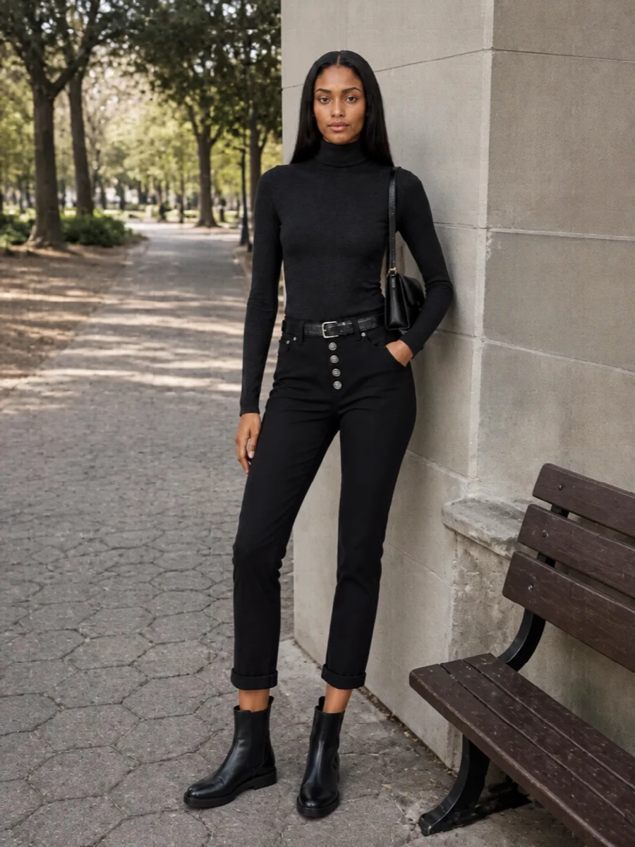 Dondup black cropped trousers turtleneck outfit