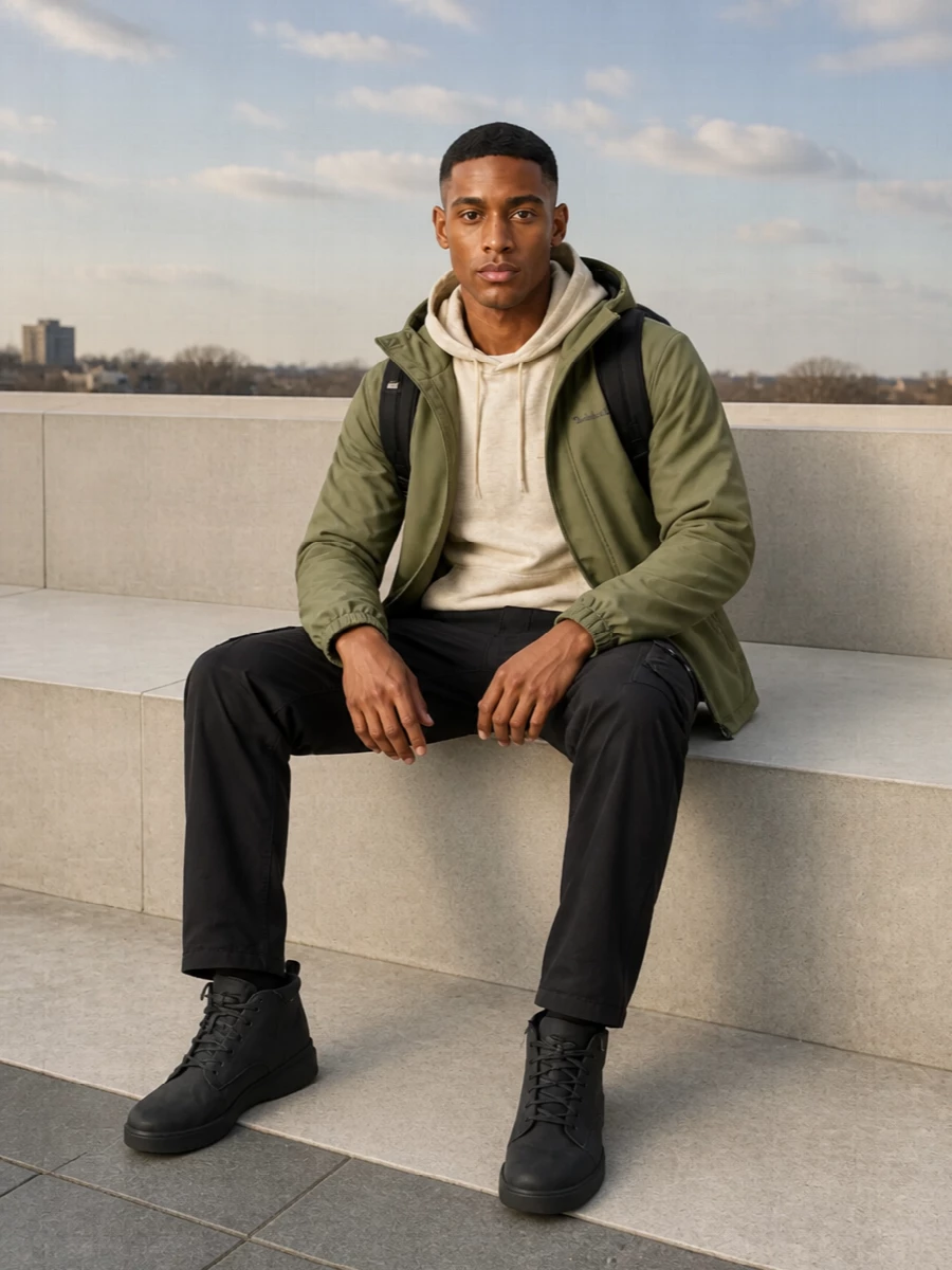 Timberland olive jacket black cargo outfit