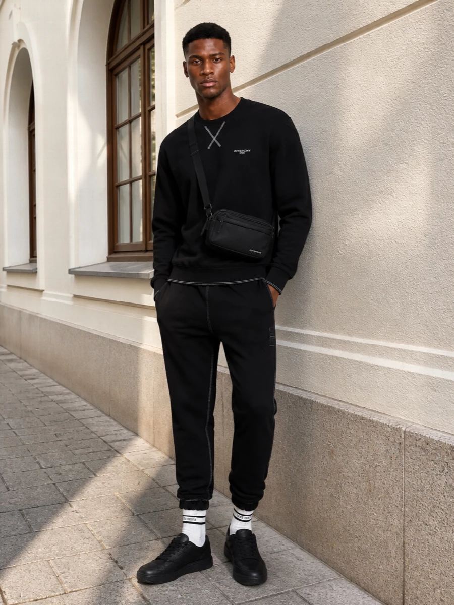 Givenchy black track pants crewneck sneakers outfit