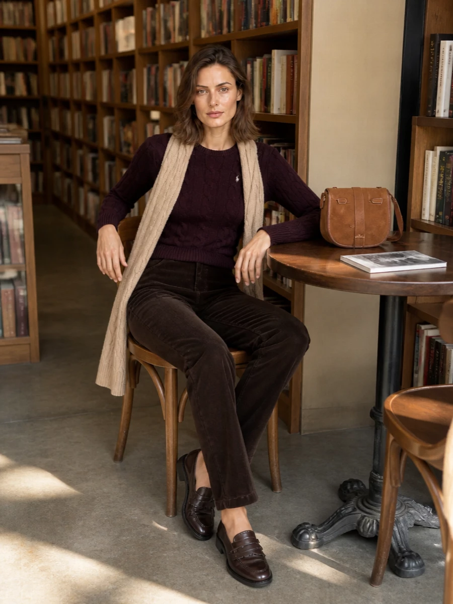 Deep plum cable knit with chocolate corduroy creates a rich, collegiate take on casual days. Grounded monk loafers and a suede shoulder bag keep everything polished yet easy for city errands or quiet weekends. The camel scarf ties the warm neutrals together, giving a softly layered finish that reads relaxed but considered.