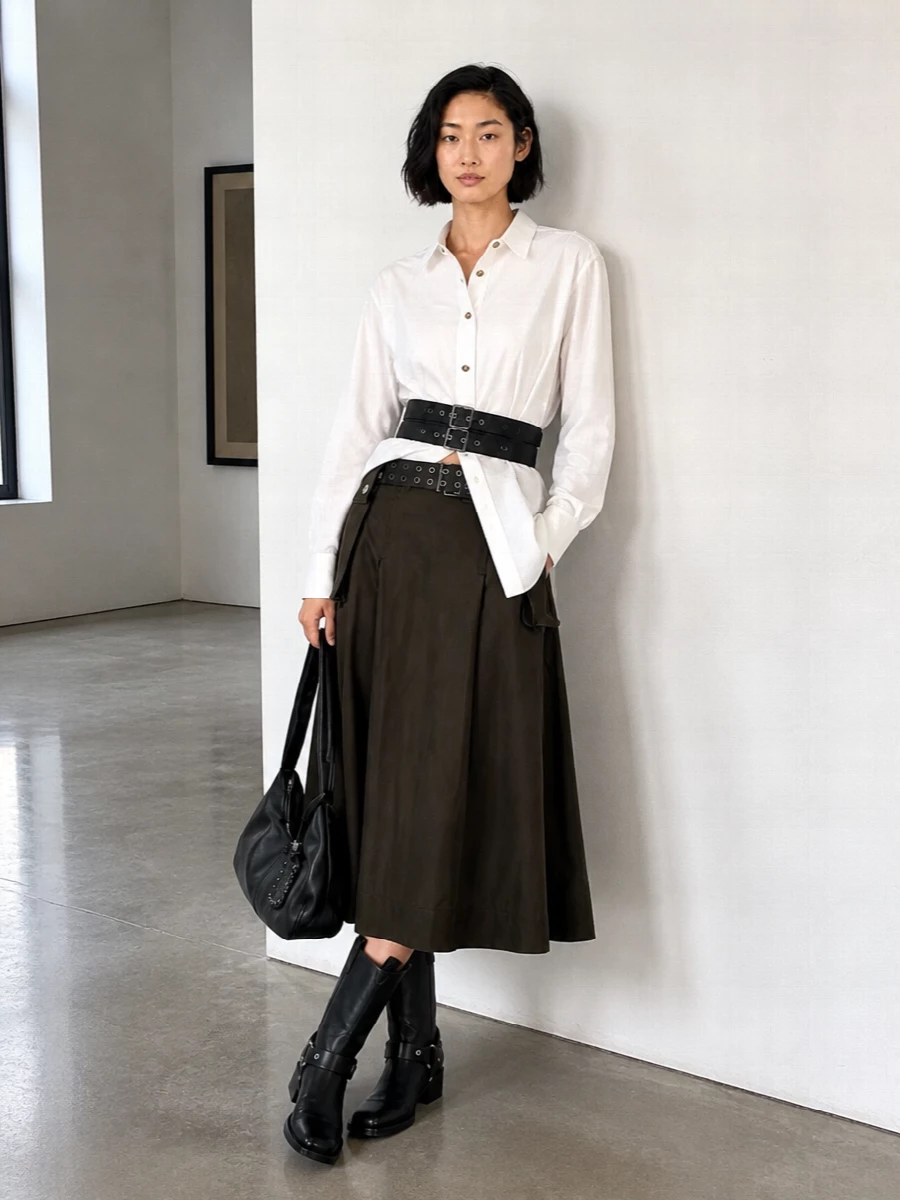 Ganni utility midi skirt white shirt boots