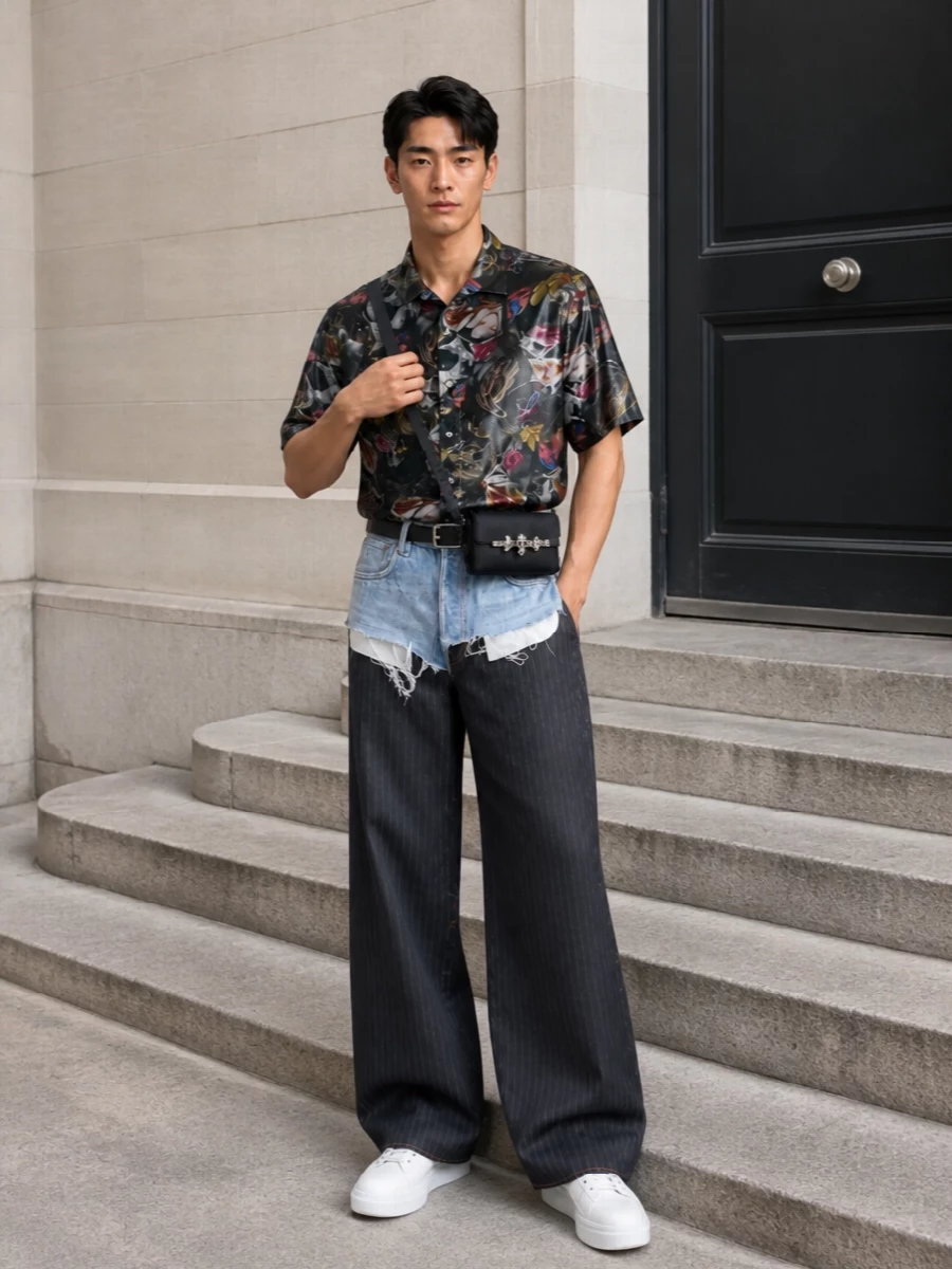 Acne camp shirt pinstripe wide leg pants outfit