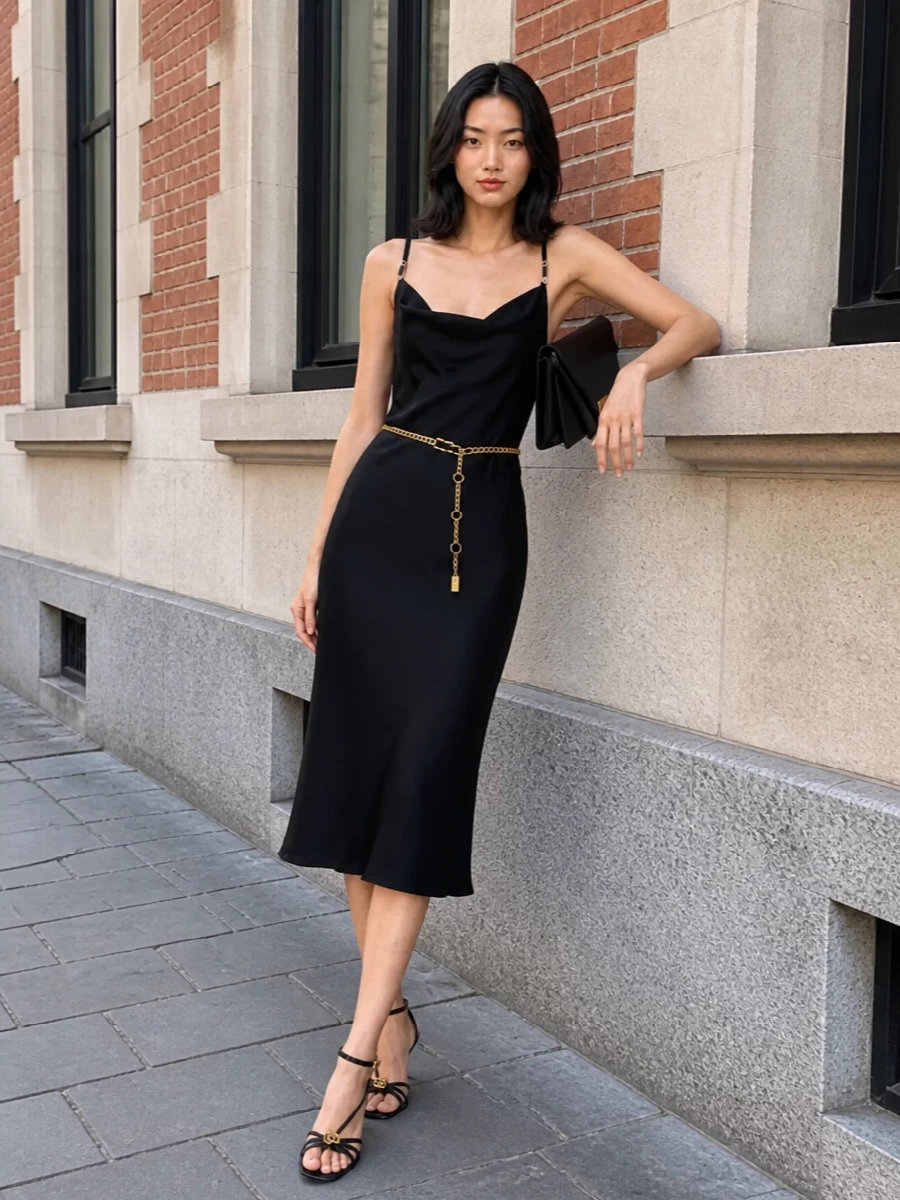 Versace black slip dress gold chain belt