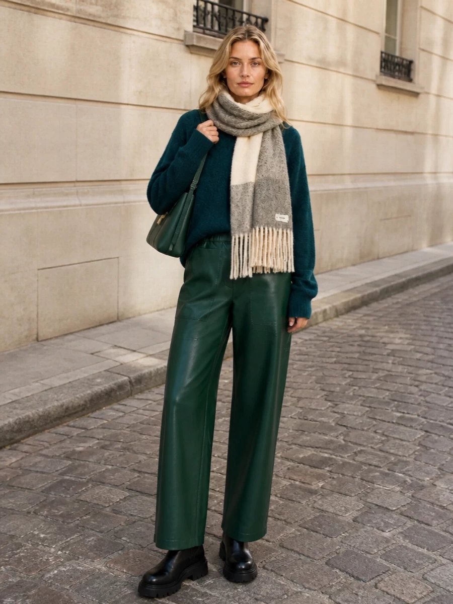 Frankie shop teal sweater green leather trousers